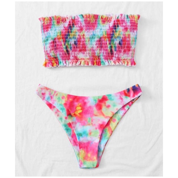 Bright Multi Color Tie Dye Smocked Bandeau Bikini - Picture 2 of 4